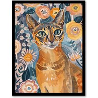Artery8 Cat Lover Abyssinian Floral Watercolour Folk Art Framed Wall Art in Orange | Size: A4