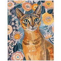 Artery8 Cat Lover Abyssinian Floral Watercolour Folk Art Wall Art Print in Orange | Size: W12" x H16"