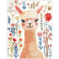 Artery8 Cute Happy Alpaca Bright Floral Watercolour Wall Art Print | Size: W18" x H24"