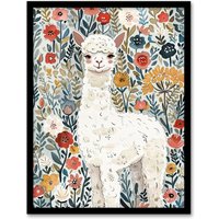 Artery8 Happy Alpaca in Wildflower Field Watercolour Framed Wall Art | Size: W12" x H16"