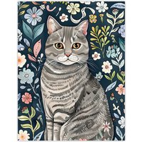 Artery8 American Shorthair Cat Lover Floral Watercolour Wall Art Print in Blue | Size: W24" x H32"