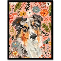 Artery8 Australian Sheepdog Floral Portrait Watercolour Framed Wall Art | Size: A4