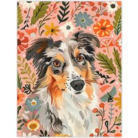 Artery8 Australian Sheepdog Floral Portrait Watercolour Wall Art Print | Size: W18" x H24"