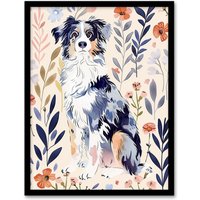 Artery8 Dog Lover Australian Sheepdog Floral Portrait Framed Wall Art | Size: A4