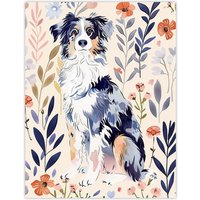 Artery8 Dog Lover Australian Sheepdog Floral Portrait Wall Art Print | Size: W24" x H32"