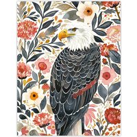 Artery8 American Bald Eagle Floral Watercolour Portrait Wall Art Print | Size: W24" x H32"
