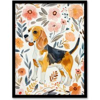 Artery8 Cute Beagle Puppy Dog Lover Floral Watercolour Framed Wall Art | Size: A4