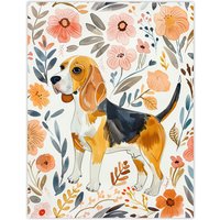 Artery8 Cute Beagle Puppy Dog Lover Floral Watercolour Wall Art Print | Size: W18" x H24"