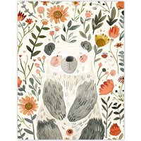 Artery8 Happy Cute Baby Bear with Flowers Watercolour Wall Art Print | Size: W12" x H16"