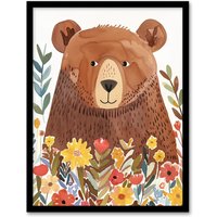 Artery8 Happy Brown Bear in Wildflower Patch Watercolour Framed Wall Art | Size: A4