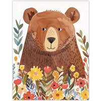 Artery8 Happy Brown Bear in Wildflower Patch Watercolour Wall Art Print | Size: W12" x H16"