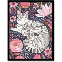 Artery8 Striped Cat Laying in Pink Wildflowers Watercolour Framed Wall Art | Size: W12" x H16"