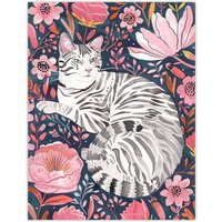 Artery8 Striped Cat Laying in Pink Wildflowers Watercolour Wall Art Print | Size: W18" x H24"