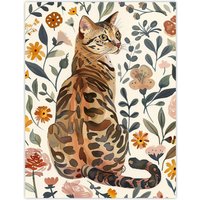 Artery8 Cat Lover Curious Bengal in Autumn Wildflowers Wall Art Print | Size: W12" x H16"