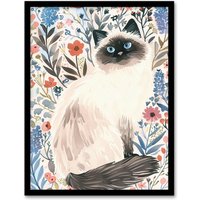Artery8 Cat Lover Cute Birman in Lavender Flowers Framed Wall Art | Size: A4
