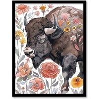 Artery8 Stylised Majestic Bison in Spring Wildflowers Framed Wall Art in Brown | Size: A4