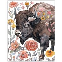 Artery8 Stylised Majestic Bison in Spring Wildflowers Wall Art Print in Brown | Size: W18" x H24"