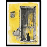 Artery8 Black Cat in Doorway Rustic Yellow Watercolour Framed Wall Art | Size: A4