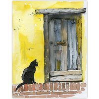 Artery8 Black Cat Lover Village House Door Watercolour Wall Art Print in Yellow | Size: W24" x H32"
