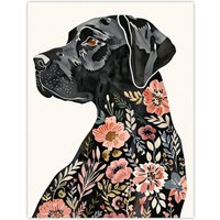 Artery8 Black Labrador Dog Lover Floral Watercolour Wall Art Print | Size: W24" x H32"