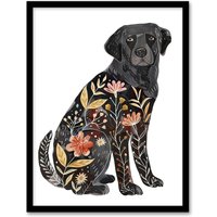 Artery8 Floral Pattern Black Labrador Dog Lover Design Framed Wall Art | Size: W12" x H16"