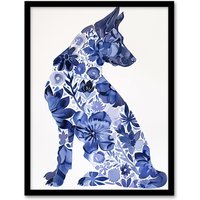 Artery8 Blue German Shepherd Floral Pattern Watercolour Framed Wall Art | Size: A4