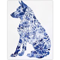 Artery8 Floral Pattern German Shepherd Dog Lover Design Wall Art Print in Blue | Size: W12" x H16"