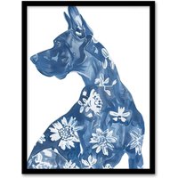 Artery8 Dog Lover Blue Great Dane with Floral Pattern Framed Wall Art | Size: A4