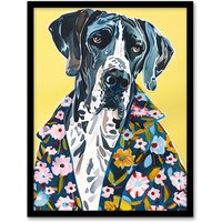 Artery8 Dog Lover Great Dane in Floral Hawaiian Shirt Framed Wall Art in Yellow | Size: W12" x H16"