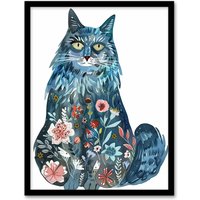 Artery8 Cat Lover Blue Maine Coon with Flower Pattern Fur Framed Wall Art | Size: A4