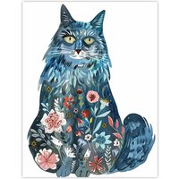 Artery8 Cat Lover Blue Maine Coon with Flower Pattern Fur Wall Art Print | Size: W18" x H24"