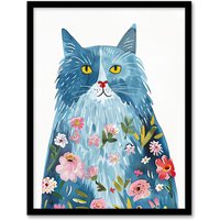 Artery8 Smiling Blue Cat with Flowers in Fur Watercolour Framed Wall Art | Size: W12" x H16"