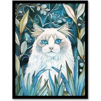 Artery8 White Ragdoll Cat Lover Pet in Garden at Night Framed Wall Art in Blue | Size: W12" x H16"