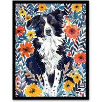 Artery8 Border Collie Flower Field Dog Lover Watercolour Framed Wall Art | Size: W12" x H16"