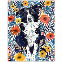 Artery8 Border Collie Flower Field Dog Lover Watercolour Wall Art Print | Size: W24" x H32"