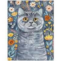 Artery8 Cute Blue British Shorthair Cat Lover Floral Pet Wall Art Print | Size: W24" x H32"