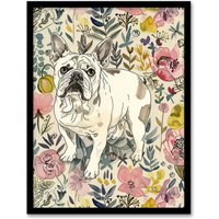 Artery8 Cute French Bulldog Dog Lover Floral Portrait Framed Wall Art | Size: A4