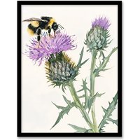 Artery8 Watercolour Bumblebee on Scottish Thistle Flower Framed Wall Art in Green | Size: W12" x H16"