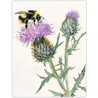 Artery8 Watercolour Bumblebee on Scottish Thistle Flower Wall Art Print in Green | Size: W12" x H16"