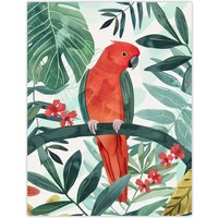 Artery8 Red Parakeet Bird in Tropical Jungle Watercolour Wall Art Print in Green | Size: W24" x H32"