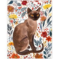 Artery8 Burmese Cat Lover Watercolour Autumn Wildflowers Wall Art Print | Size: W12" x H16"