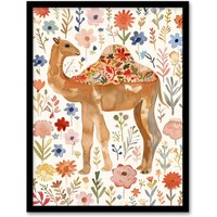 Artery8 Happy Camel With Floral Pattern Watercolour Framed Wall Art | Size: A4