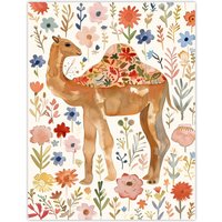 Artery8 Happy Camel With Floral Pattern Watercolour Wall Art Print | Size: W18" x H24"