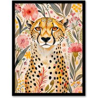 Artery8 Cheetah in Exotic Flower Garden Watercolour Framed Wall Art | Size: A4