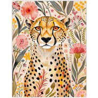 Artery8 Cheetah in Exotic Flower Garden Watercolour Wall Art Print | Size: W24" x H32"
