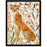 Artery8 Happy Cheetah with Wildflowers Watercolour Framed Wall Art | Size: W12" x H16"
