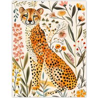 Artery8 Happy Cheetah with Wildflowers Watercolour Wall Art Print | Size: W12" x H16"