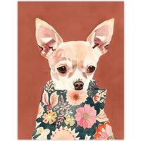 Artery8 Chihuahua With Floral Coat Dog Lover Watercolour Wall Art Print in Red | Size: W24" x H32"