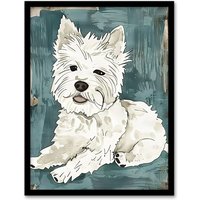 Artery8 Dog Lover White West Highland Terrier Portrait Framed Wall Art in Blue | Size: A4