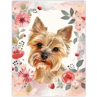 Artery8 Cute Teacup Yorkshire Terrier Dog Pink Floral Wall Art Print | Size: W24" x H32"